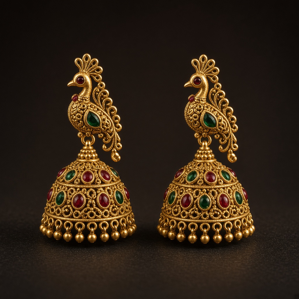 Pair of Tamil Nadu gold jimikki jhumka earrings with peacock tops