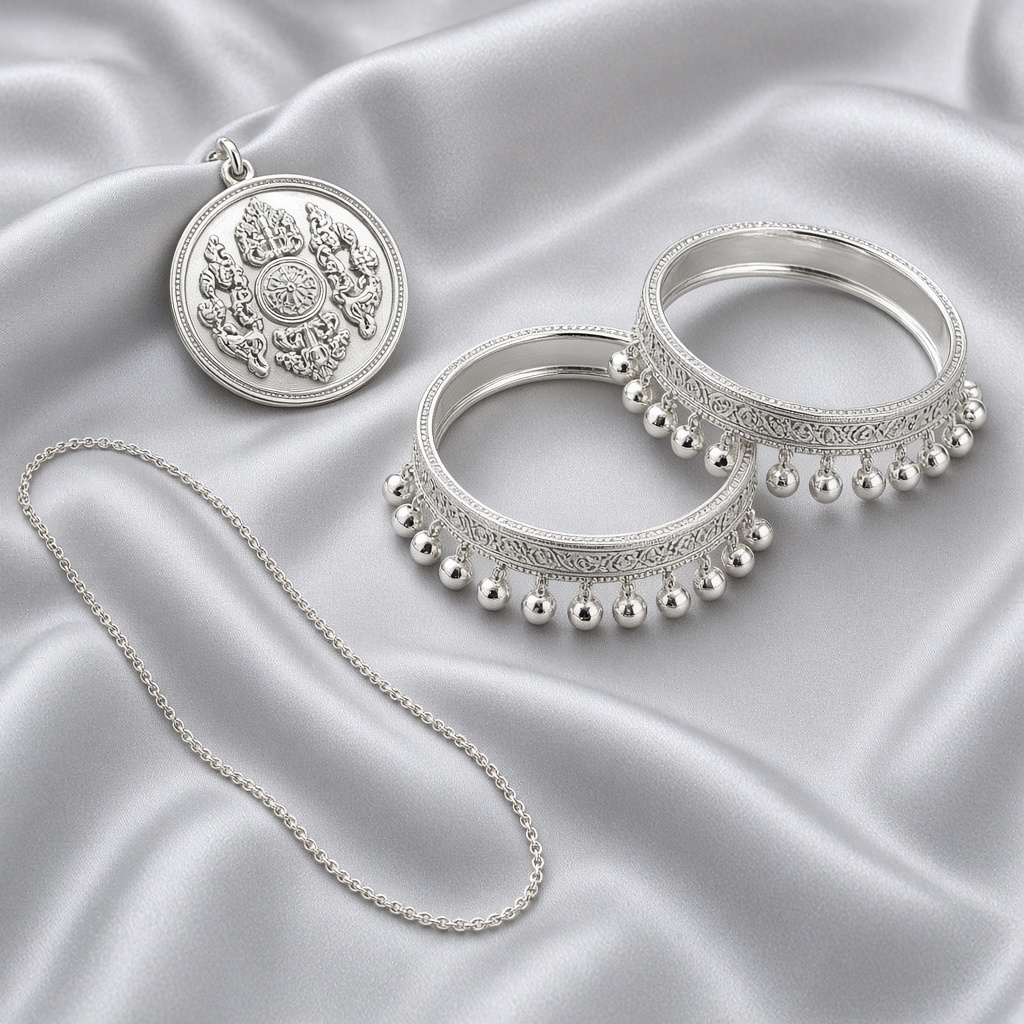 Silver coin, anklets, and a silver chain on pale silk